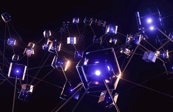 Sieć Wzajemnie Połączonych Bloków Świateł Przedstawiających Kryptowaluta Danych Blockchain Ciemnym — Zdjęcie stockowe