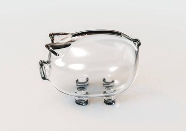 İzole edilmiş beyaz zemin üzerinde boş bir şeffaf cam domuz kumbarası - 3D render