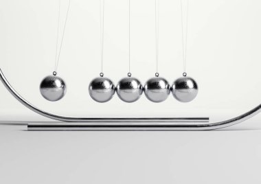 Yarı dairesel kemer iskeletinden sarkıtılmış, hareket halinde topları olan stilize Newton beşiği - 3D görüntüleme 