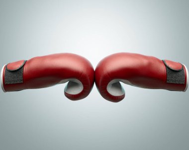 İki kırmızı ve beyaz karşıt boks eldiveninin izole bir arkaplanda birbirine değdiğini gösteren bir kavram - 3 boyutlu görüntüler