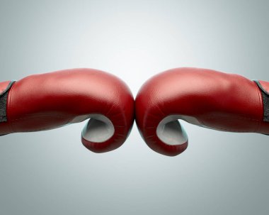 İki kırmızı ve beyaz karşıt boks eldiveninin izole bir arkaplanda birbirine değdiğini gösteren bir kavram - 3 boyutlu görüntüler