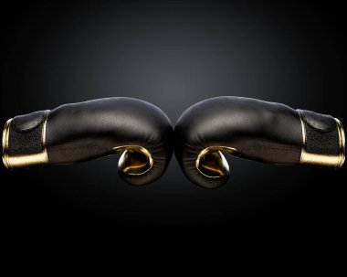 İki karşıt siyah ve altın boks eldiveninin izole bir arkaplanda birbirine dokunuşunu gösteren bir kavram.