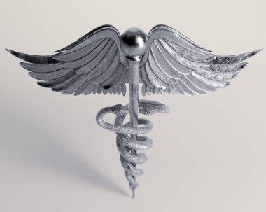 İzole edilmiş stüdyo arka planında kanatları ve yılanları olan gümüş bir caduceus sembolü - 3D görüntüleme