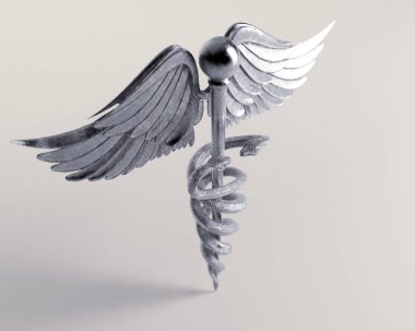 İzole edilmiş stüdyo arka planında kanatları ve yılanları olan gümüş bir caduceus sembolü - 3D görüntüleme