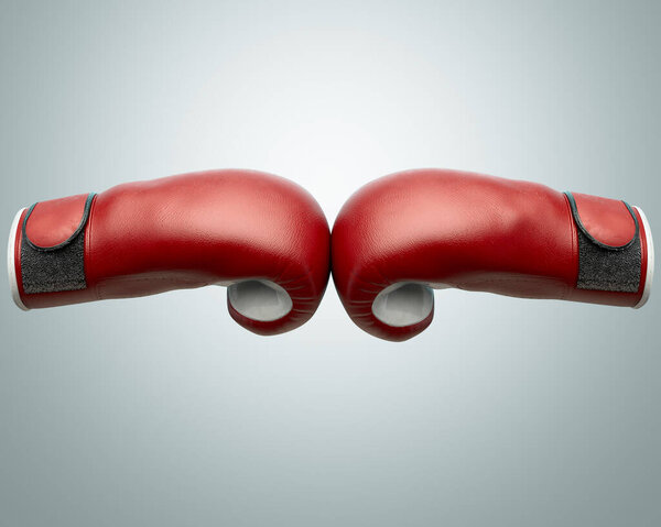 Концепция, показывающая два красных и белых противоборствующих боксёрских перчатки, касающихся в середине изолированного фона - 3D рендеры