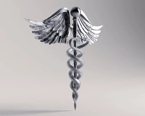 独立したスタジオの背景に翼とヘビを持つ銀製のカドゥケウスシンボル 3Dレンダリング — ストック写真