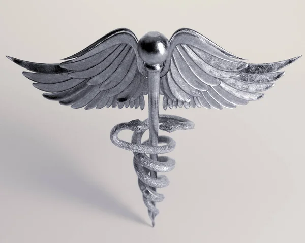 独立したスタジオの背景に翼とヘビを持つ銀製のカドゥケウスシンボル 3Dレンダリング — ストック写真