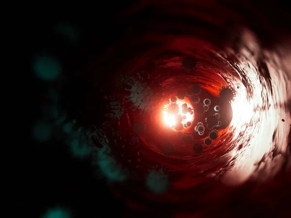 Coronavirus Covid Parçacıklarının Parlak Bir Işıkla Aydınlatıldığı Bir Konsept — Stok fotoğraf