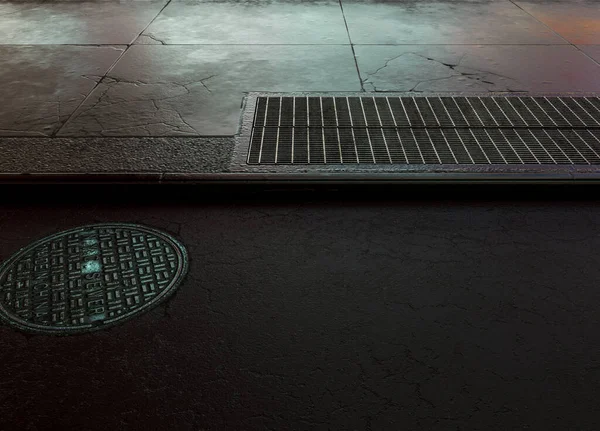 Секція Порожньої Вулиці Тротуару Вентиляційною Решіткою Вогневим Гідрантом Рендерингом — стокове фото
