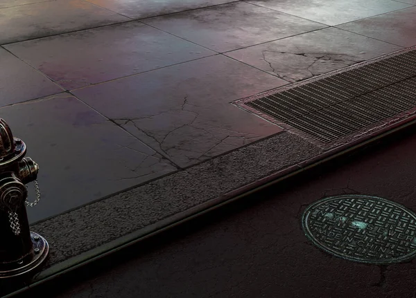 Una Sección Una Calle Vacía Acera Pavimentada Con Rejilla Ventilación — Foto de Stock