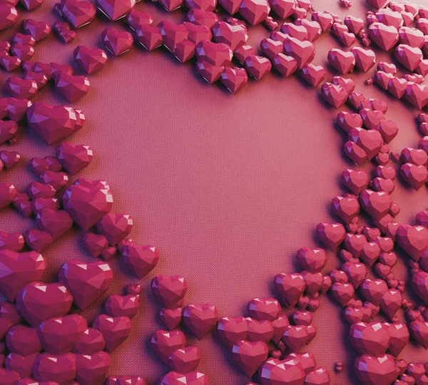 粉红面料背景下围绕较大心脏形状的低多角粉红心形集合 3D渲染 — 图库照片