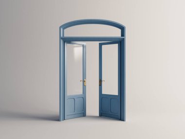 Açık bir Fransız çift kapılı mavi boyalı pirinç işlemeli izole edilmiş beyaz stüdyo arka planı - 3D