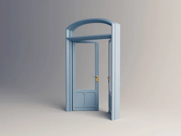 Ένα Άνοιγμα Γαλλική Διπλή Πόρτα Βαμμένο Μπλε Μπρούτζινα Εξαρτήματα Ένα — Φωτογραφία Αρχείου