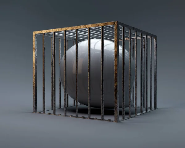 Concept Showing White Reflective Speech Bubble Imprisoned Square Steel Cage — Stock Photo, Image