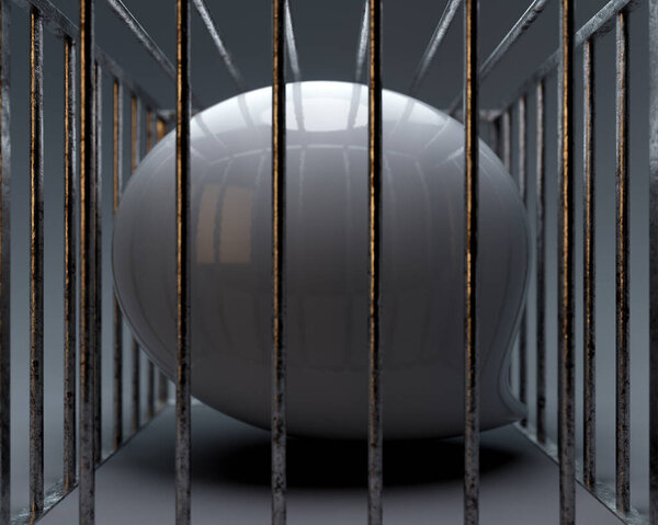 A concept showing a white reflective speech bubble imprisoned in a square steel cage depicting censorship on an isolated dark background - 3D render 