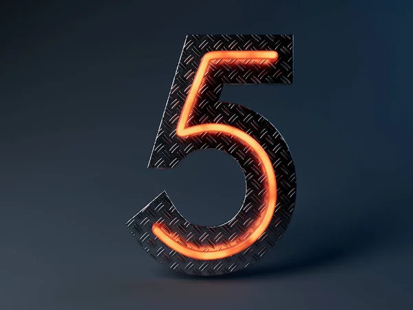 Illuminated Orange Number Five Mounted Shiny Metal Treadplate Backboard Render — Stock Photo, Image