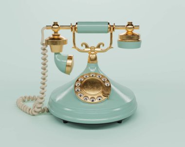 Hafif bir stüdyo arka planında klasik bir aquamarine ve Brass Art deco telefon - 3D görüntüleme