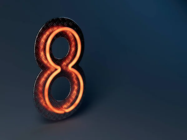 Illuminated Orange Number Eight Mounted Shiny Metal Treadplate Backboard Render — Stock Photo, Image