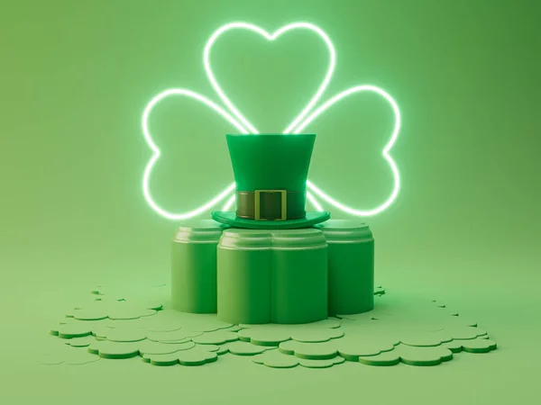 Lephrechaun Hat Ontop Green Stage Shape Shamrock Illuminated Neon Clover — Stock Photo, Image