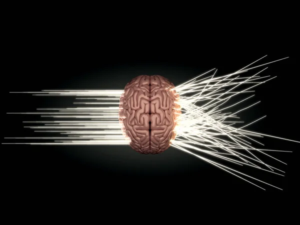 左側が分析的かつ論理的 右側が散乱的かつ創造的な3Dレンダリングを描いた人間の脳から出てくる光線を示す概念 — ストック写真