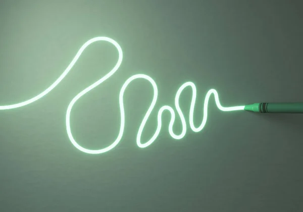 薄い紙の表面にネオンがぎらぎら光る線を描く緑のワックスクレヨンを示すコンセプト 3Dレンダリング — ストック写真