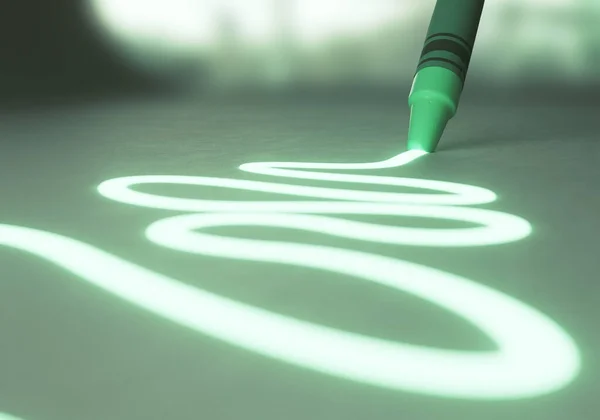 Concept Showing Green Wax Crayon Drawing Glowing Neon Wriggly Line — Stock Photo, Image