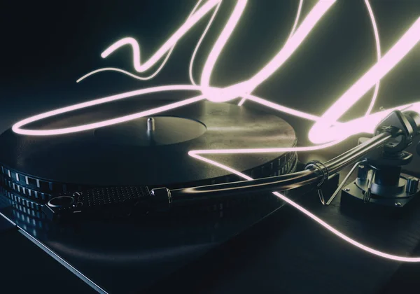 輝くダンスライトトレイルに囲まれたコンセプトショービンテージターンテーブルレコードプレーヤー3Dレンダリング — ストック写真