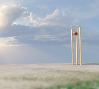 Wooden cricket wickets with dislodging bails on a day sky background - 3D render
