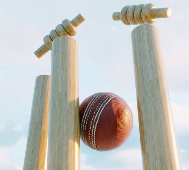 Wooden cricket wickets with dislodging bails on a day sky background - 3D render
