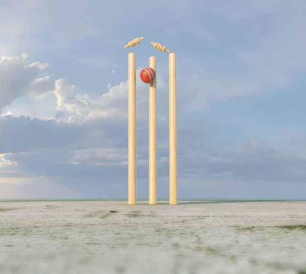Wooden Cricket Wickets Dislodging Bails Day Sky Background Render — Stock Photo, Image