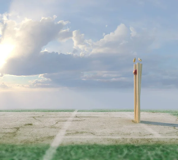 Wooden Cricket Wickets Dislodging Bails Day Sky Background Render — 스톡 사진