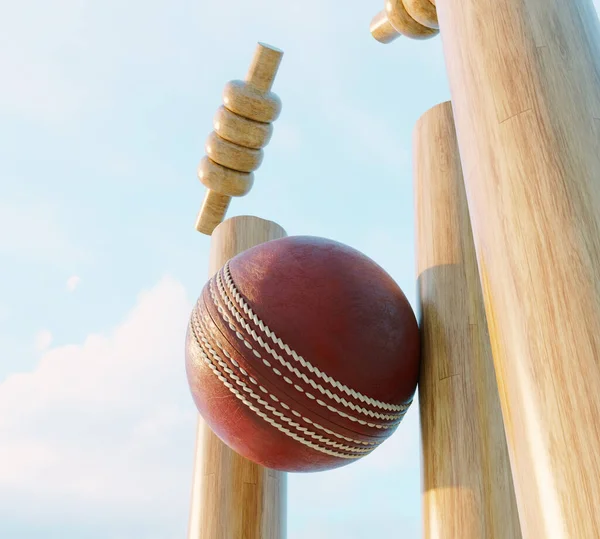 Wooden Cricket Wickets Dislodging Bails Day Sky Background Render — Stock fotografie