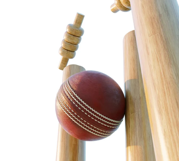 Wooden Cricket Wickets Dislodging Bails Isolated White Background Render — Stock fotografie