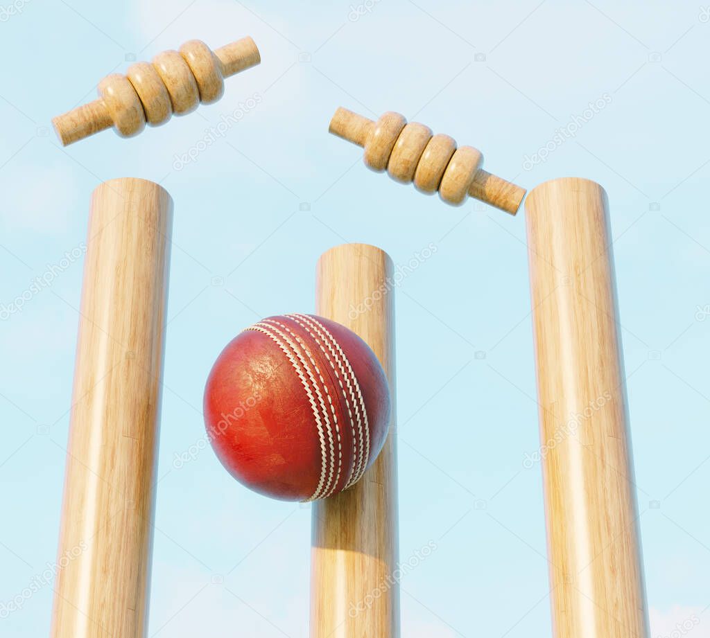 Wooden cricket wickets with dislodging bails on a day sky background - 3D render