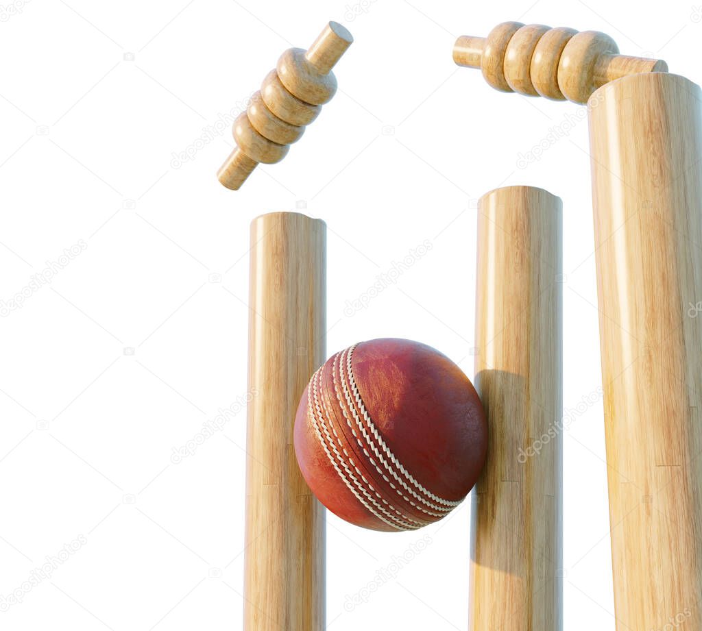Wooden cricket wickets with dislodging bails on an isolated white background - 3D render