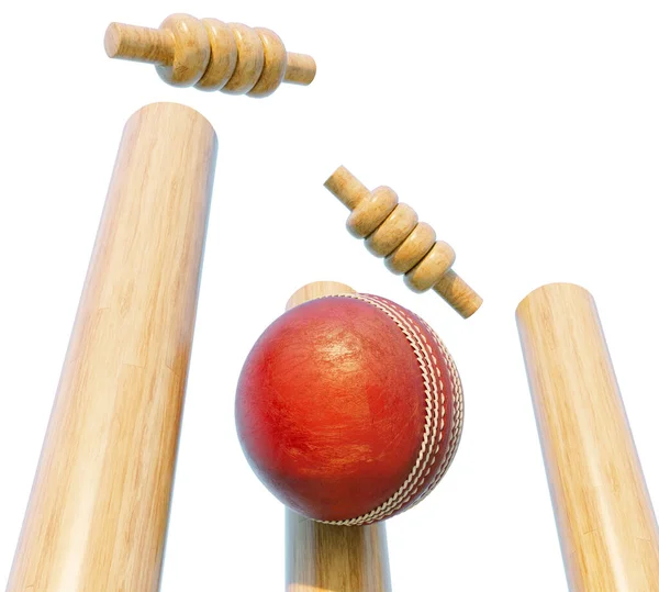 Wooden Cricket Wickets Dislodging Bails Isolated White Background Render — Foto Stock