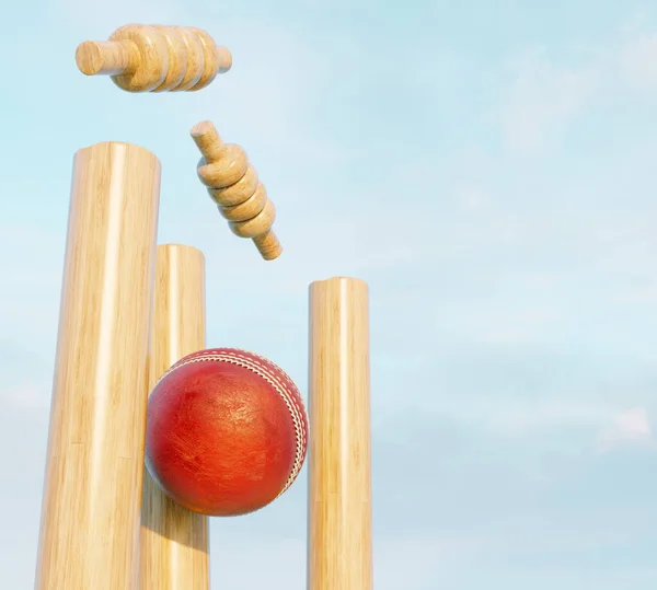 Wooden cricket wickets with dislodging bails on a day sky background - 3D render