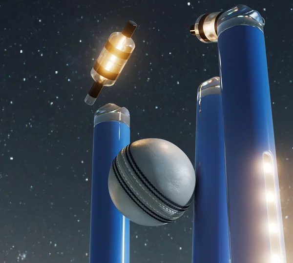Blue electronic cricket wickets with dislodging bails and illuminating LED lights on a night sky background - 3D render