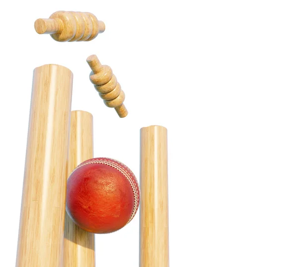 Wooden Cricket Wickets Dislodging Bails Isolated White Background Render — Stockfoto