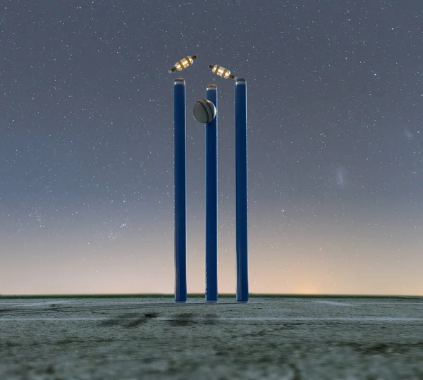 Blue Electronic Cricket Wickets Dislodging Bails Illuminating Led Lights Night — ストック写真