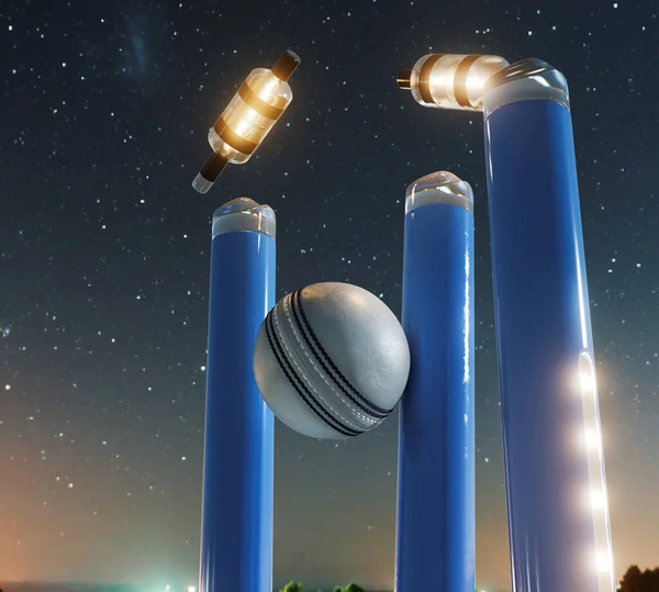 Blue Electronic Cricket Wickets Dislodging Bails Illuminating Led Lights Night — Stockfoto