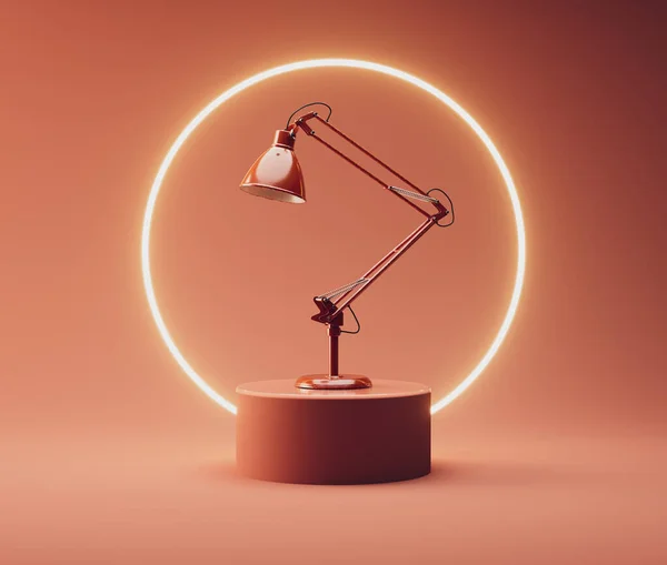 A vintage red desk lamp on a round peach stage lit by a circular neon back light  - 3D render