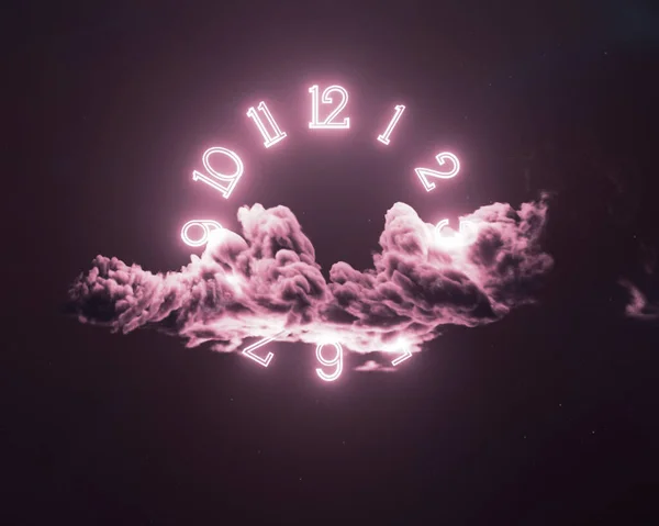 Surreal Concept Bright Glowing Neon Clock Numbers Fluffy Dark Cloud — Stock Photo, Image