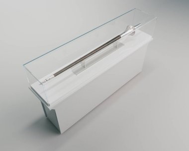Bir hafif müze ortamında hozontal cam vitrin dolabında sergilenen bir ortaçağ mızrağını gösteren bir kavram - 3D render