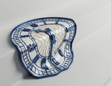 Beton, altın ve demirden yapılmış ve beyaz bir merdivene sarılı antik bir kule saatini gösteren gerçeküstü bir kavram.