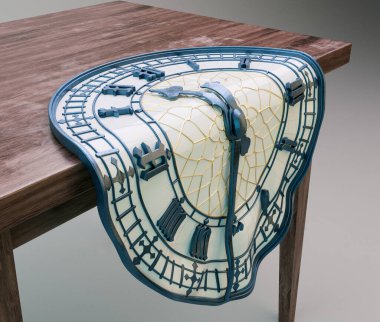 Beton, altın ve demirden yapılmış, ahşap bir masadan damlayan antik bir kule saatini gösteren gerçeküstü bir kavram.