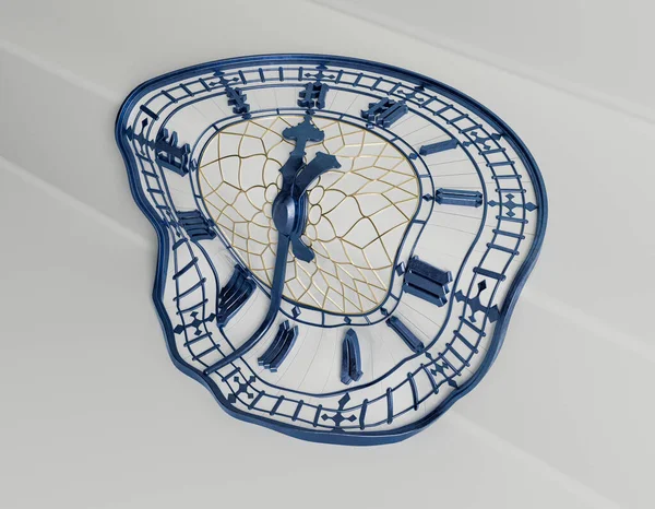 Beton, altın ve demirden yapılmış ve beyaz bir merdivene sarılı antik bir kule saatini gösteren gerçeküstü bir kavram.