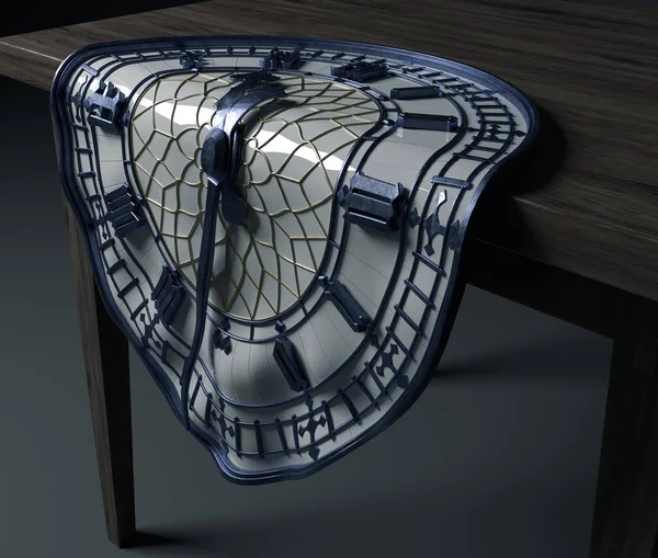 コンクリート 鉄で作られたアンティークのタワークロックを示し 木製のテーブルから滴り落ちるシュールなコンセプト 3Dレンダリング — ストック写真