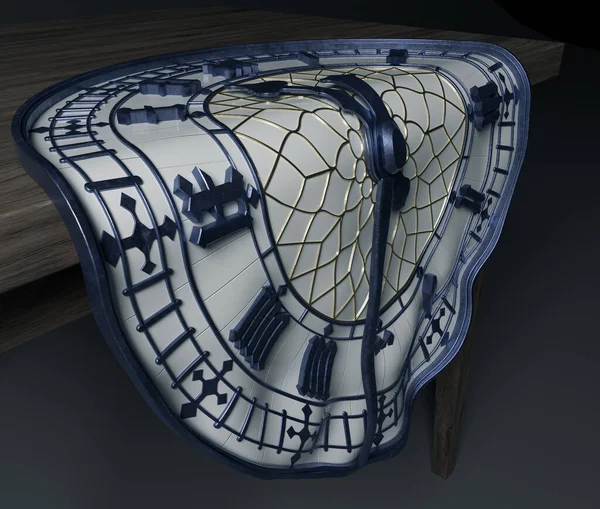 一个超现实的概念 展示了用混凝土 黄金和铁熔融制成的古塔钟 并从木制桌子上滴落 3D渲染 — 图库照片