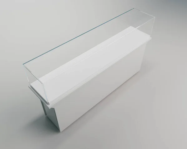 博物馆内的一个水平空玻璃柜 3D渲染 — 图库照片